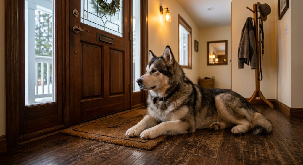 Dog lying patiently on a welcome mat beside the front door, watching and waiting for its owner to come home.