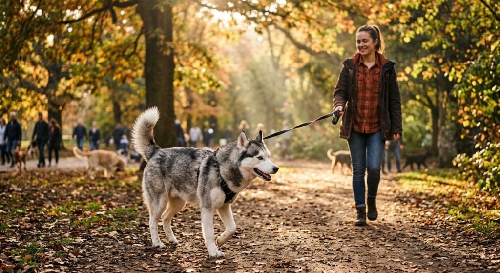 Dog walking ahead with curiosity on a leash during a sunny park walk.