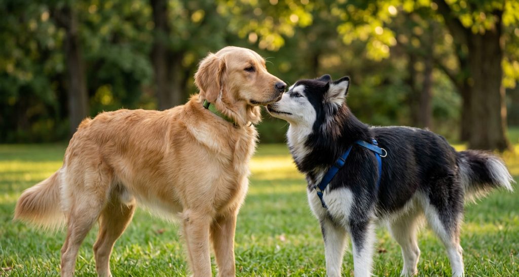 Two dogs greeting each other calmly in a park, with one dog sniffing near the other dog's muzzle during a natural canine greeting.