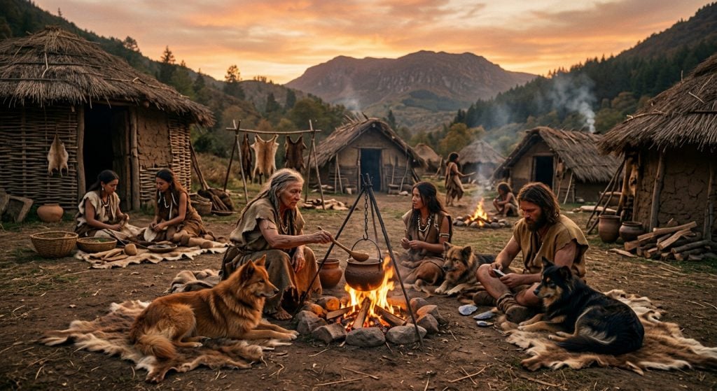 Early domesticated dogs resting near humans in an ancient settlement, representing the growing bond between people and dogs.