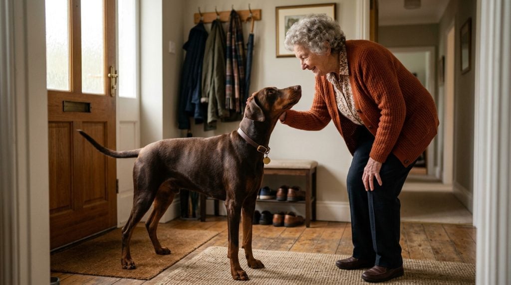 Elderly woman bending slightly to gently stroke a calm dog greeting her politely at the front door.