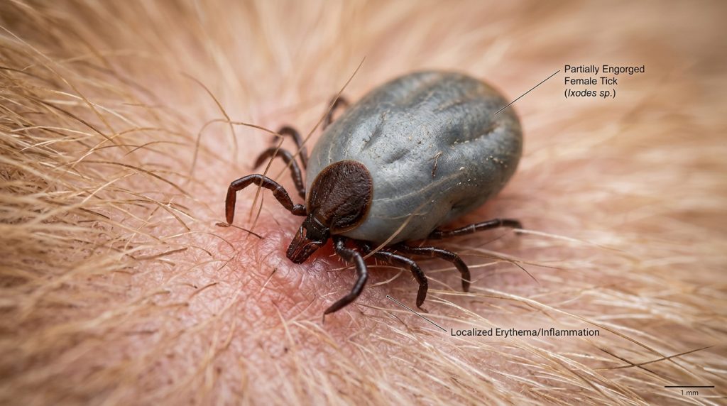 Close-up of a partially engorged tick attached to a dog’s skin with visible inflammation around the bite area.