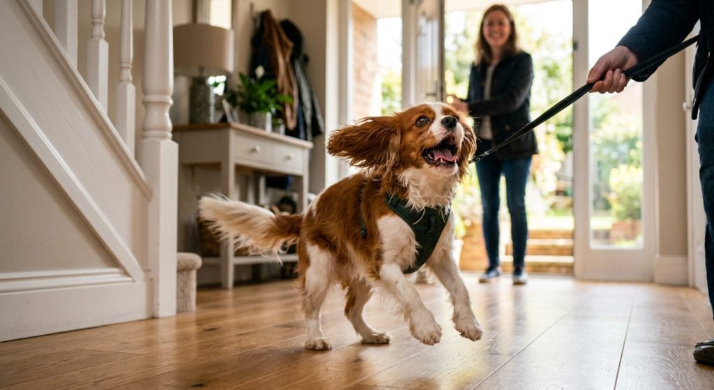 Excited Cavalier King Charles Spaniel barking and bouncing with anticipation while its owner holds a leash in a bright home hallway before a walk.