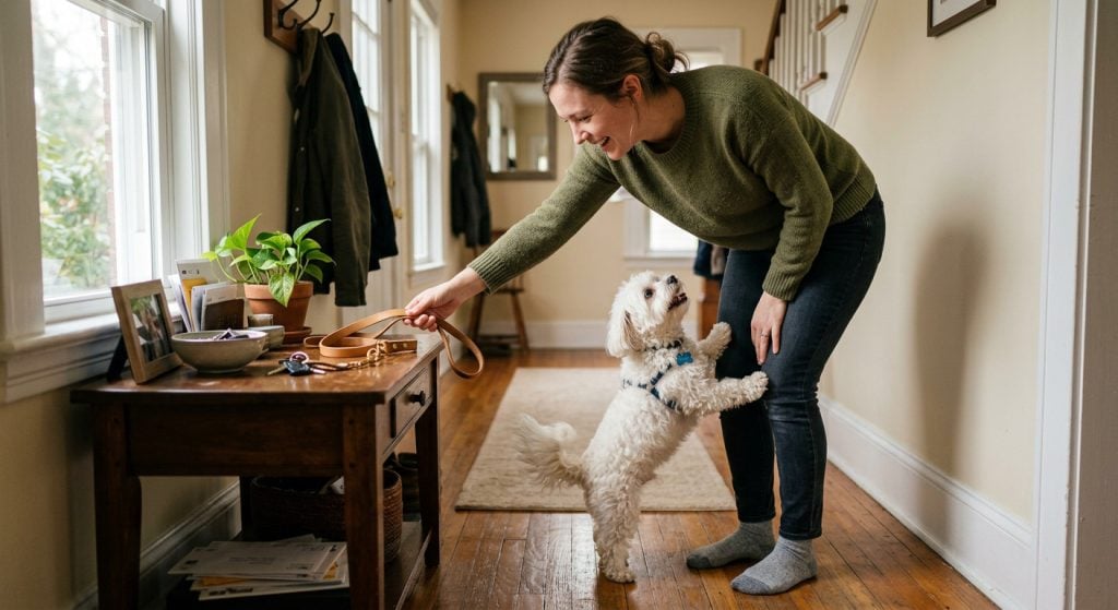 Small Maltese dog standing on its back legs with paws on its owner's leg as the owner picks up the leash before a walk.