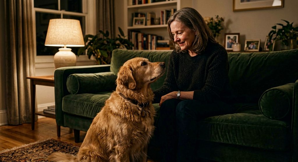 Golden Retriever sitting beside its owner on a couch during a quiet evening moment of companionship.