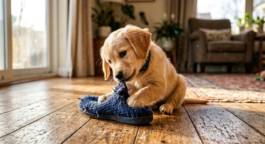 Golden Retriever puppy chewing a house slipper on a wooden floor, illustrating how puppies explore objects and textures with their mouths.