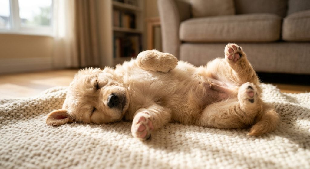 Golden retriever puppy sleeping on its back with paws in the air on a soft blanket in warm sunlight.