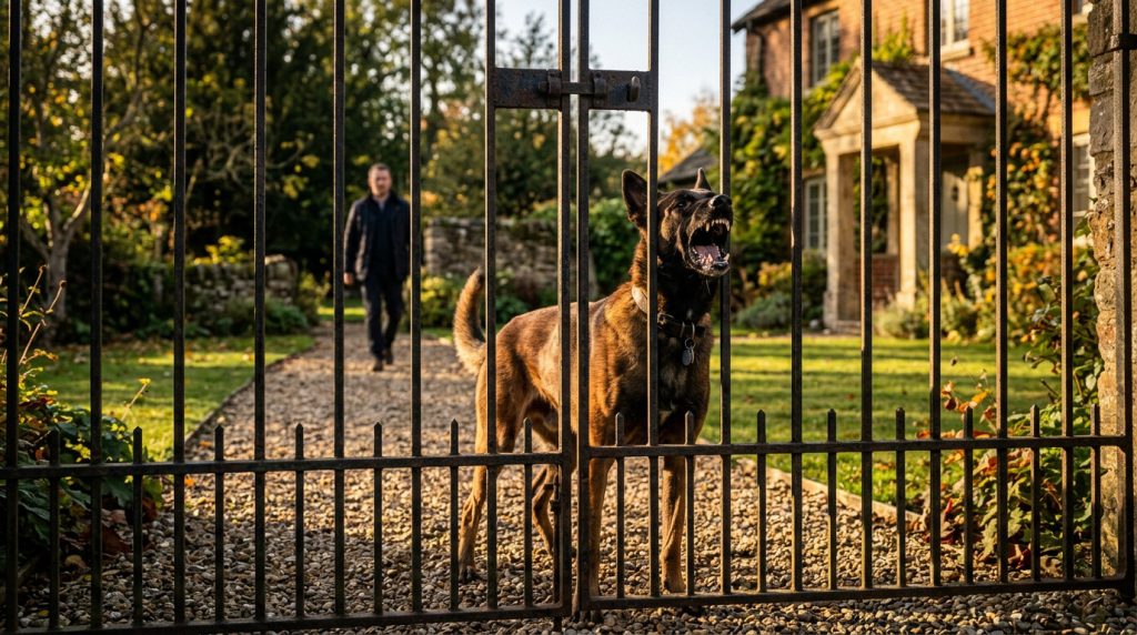 Belgian shepherd guard dog barking behind a metal gate while a man approaches along a garden path, showing alert and protective barking behaviour.