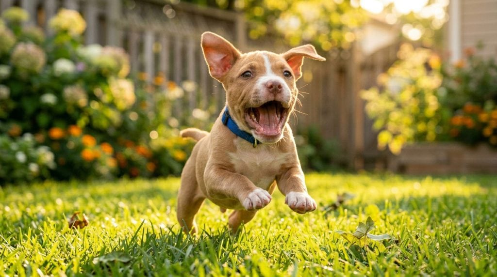 Happy pitbull puppy running through green backyard grass with mouth open mid bark in warm golden sunlight.