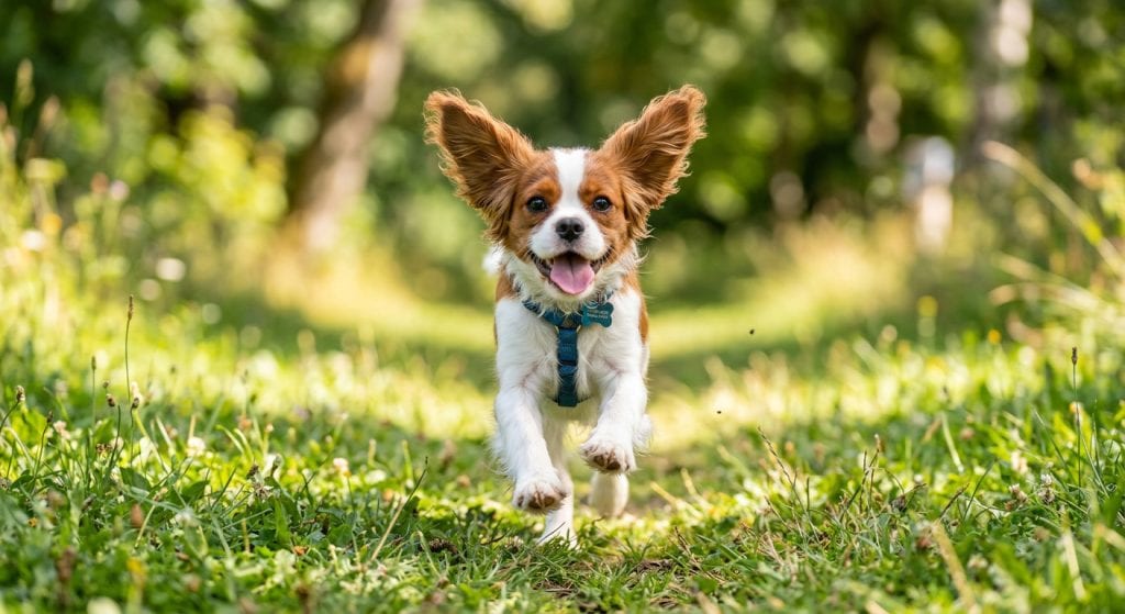 Happy puppy running toward the camera through green grass during outdoor play and exercise.