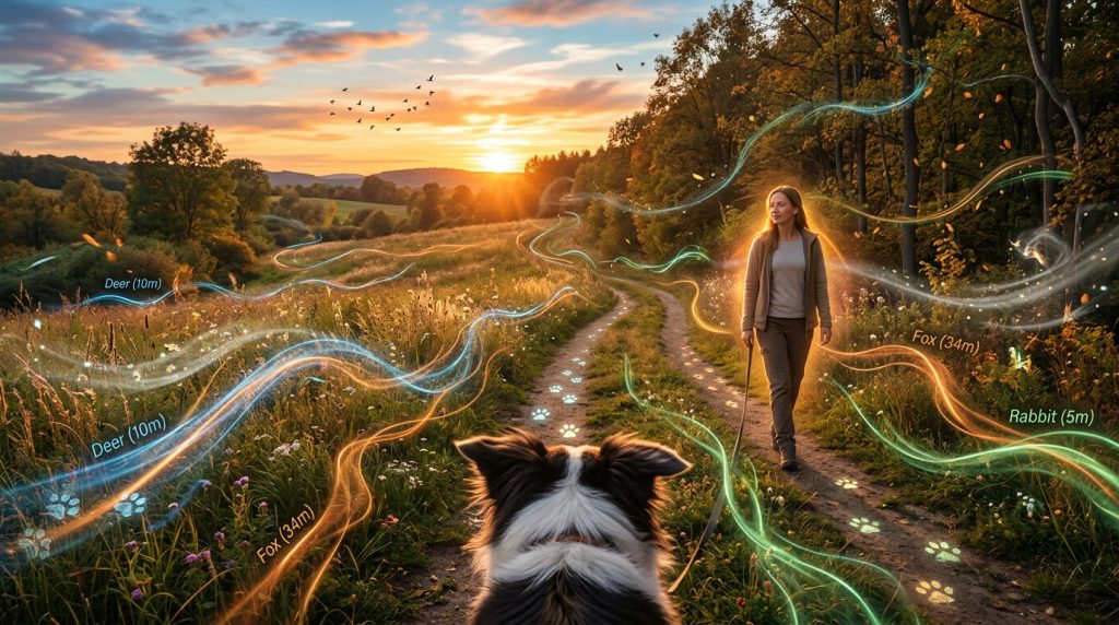 Dog sensing scent trails in the countryside showing how dogs experience the world through smell