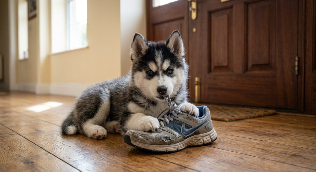Siberian Husky puppy chewing the lace of a worn running shoe near a wooden front door, showing typical puppy teething behavior.