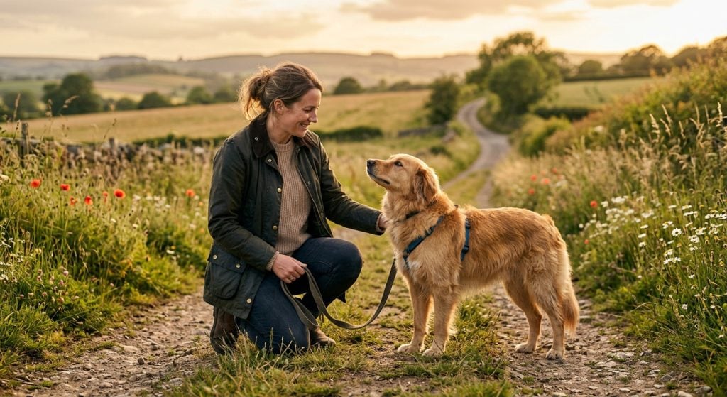 Owner kneeling beside their dog during a walk, showing a calm connection and understanding.