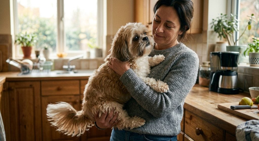 Woman cradling a small fluffy dog in her arms in a warm kitchen while giving it attention.