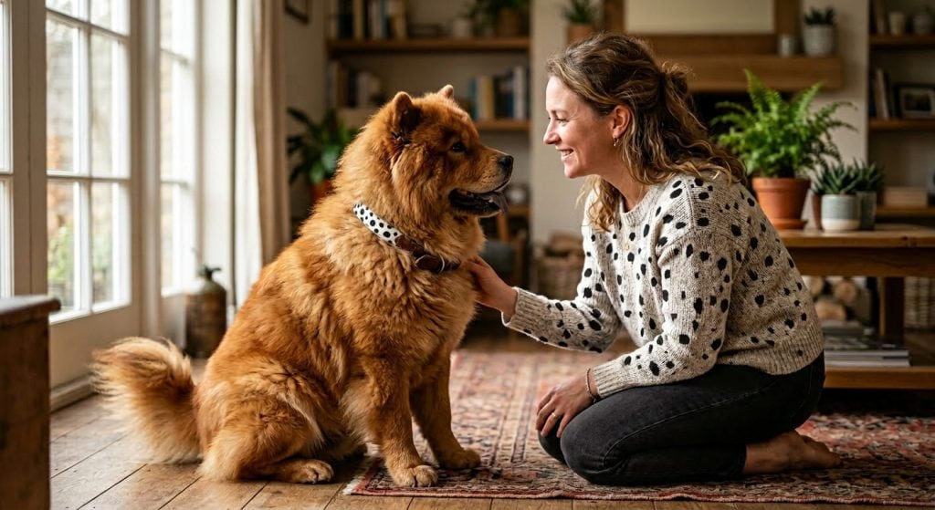 Woman kneeling and gently stroking a calm fluffy dog sitting politely during a relaxed greeting at home.