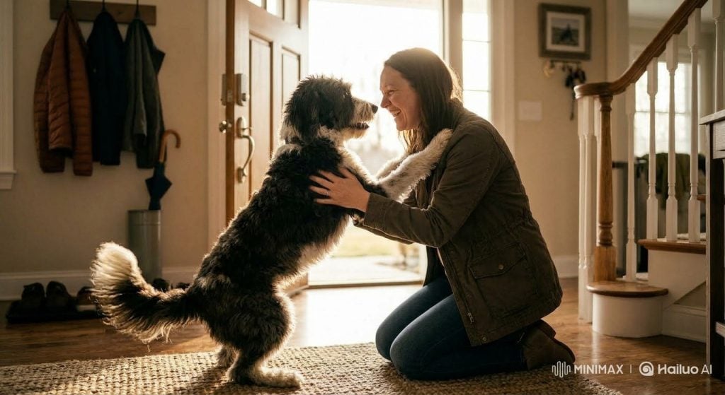 Dog owner kneeling down to greet her excited dog at the front door while the dog places its paws on her shoulders.