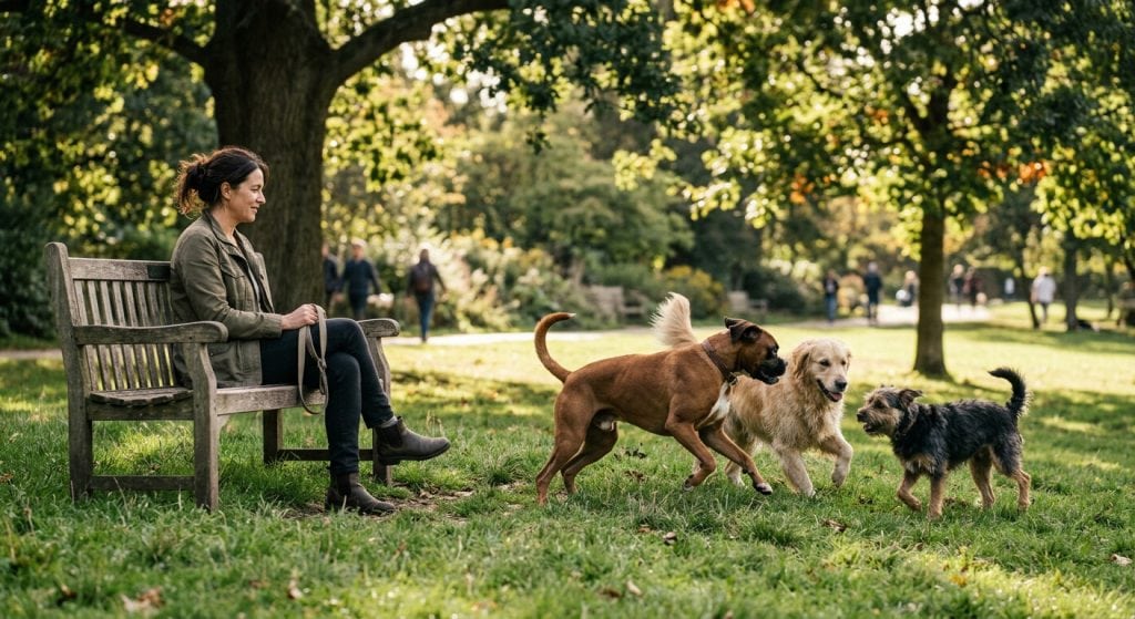 Dog owner sitting on a park bench watching their dog play naturally with other dogs on the grass.