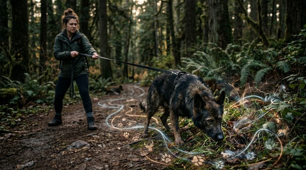 Owner impatiently pulling a dog away while the dog stops to sniff the ground during a walk.