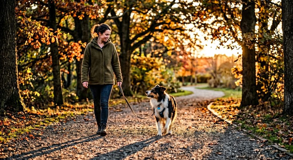 Dog owner walking a relaxed dog on a leash along an autumn park path at sunset.