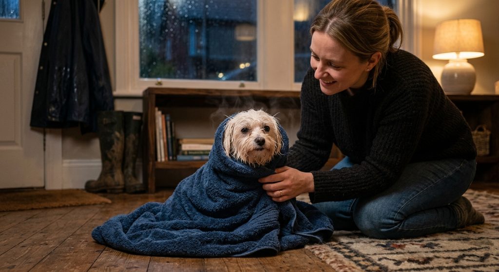 Dog owner wrapping a wet dog in a towel to help restore body warmth after cold exposure.