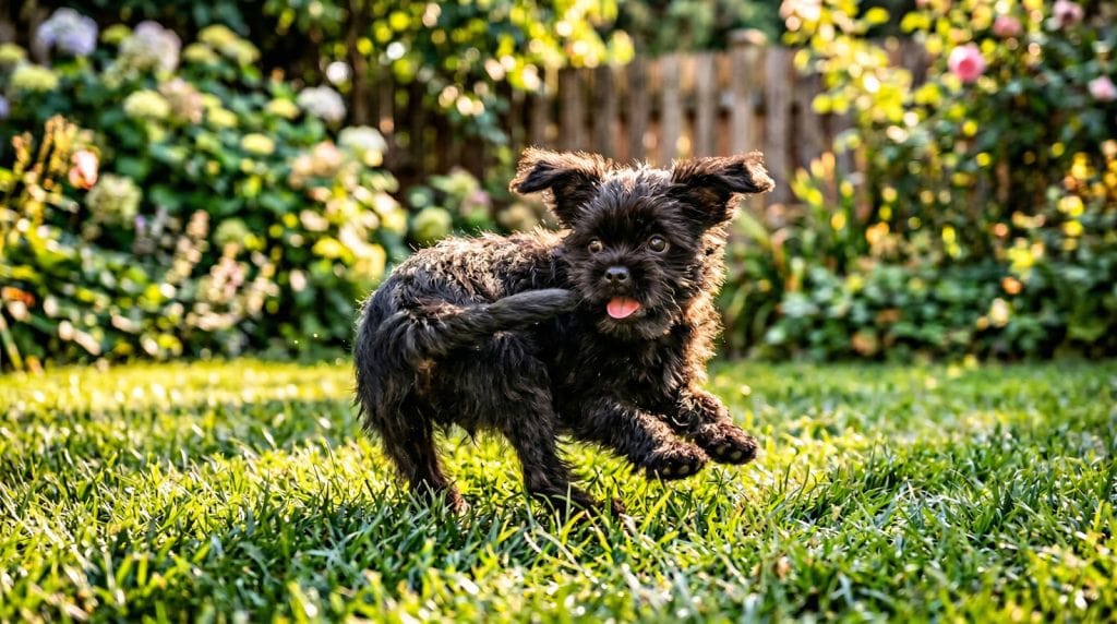 Energetic puppy chasing its own tail in a sunny backyard garden during a burst of zoomies.