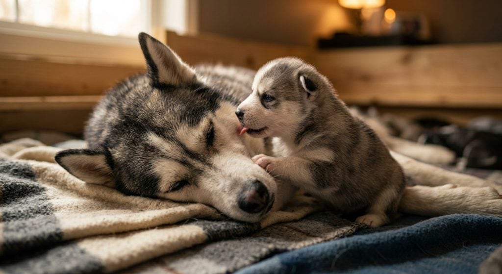 Young puppy licking its mother’s face, demonstrating early learning and natural communication in dogs.