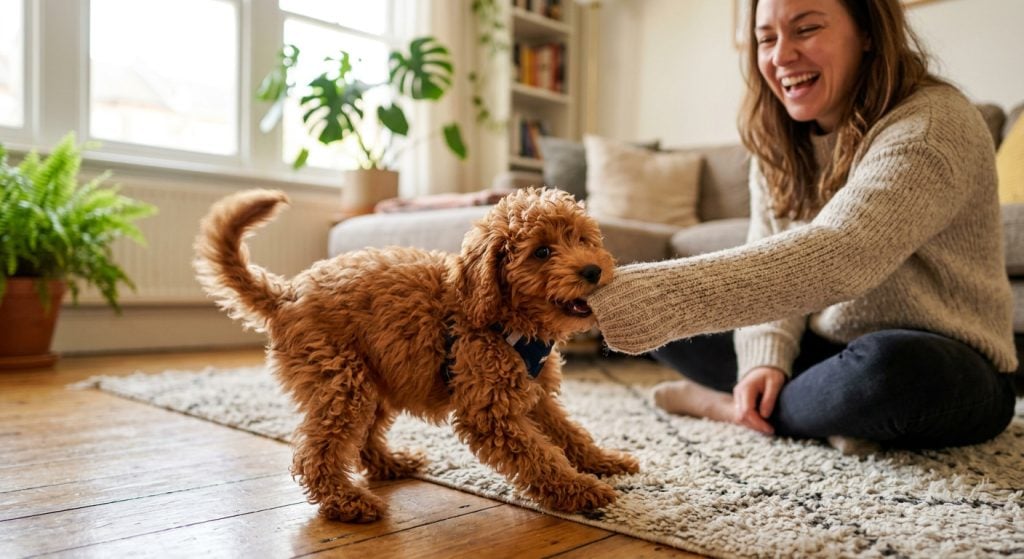 Playful curly-haired puppy gently biting its owner’s sweater sleeve during a game on a living room rug, showing normal puppy play biting behavior.