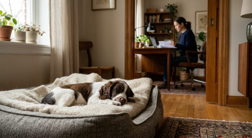 Puppy lying relaxed on its bed while its owner works in another room, showing confidence and comfort when not constantly close.