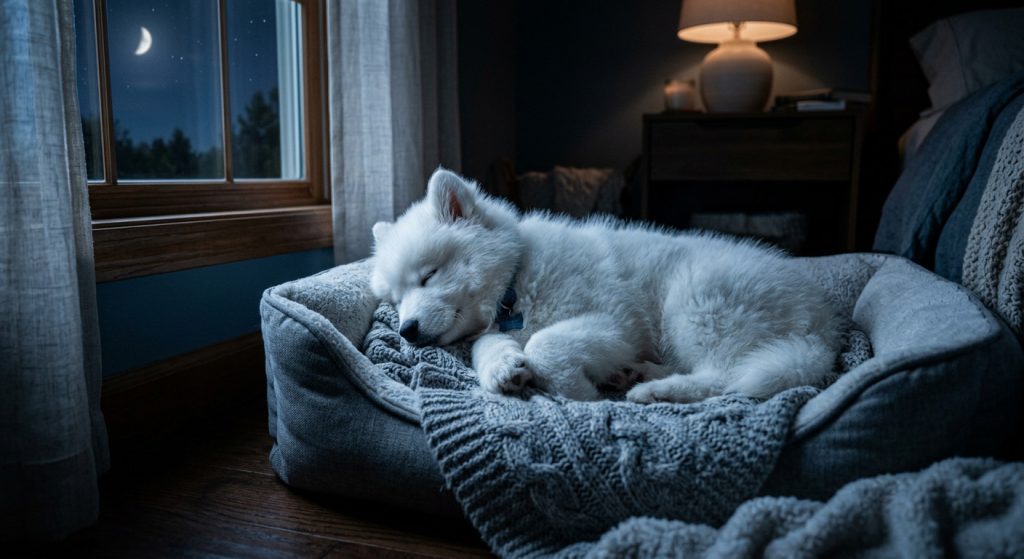 White fluffy puppy sleeping peacefully in a cozy dog bed at night beside a window with moonlight shining into the bedroom.