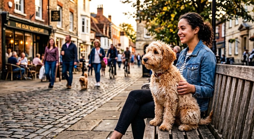 Young puppy sitting calmly with its owner on a bench in a busy town square while people walk past, demonstrating puppy socialisation to everyday environments.