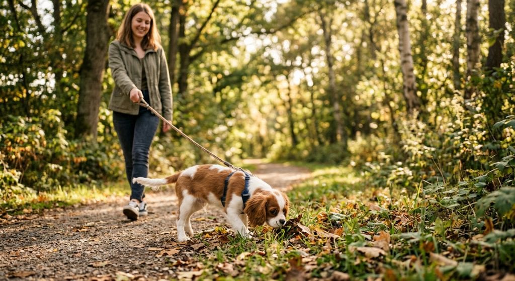Young puppy sniffing leaves while walking on a forest trail with its owner, experiencing new outdoor environments during socialisation.