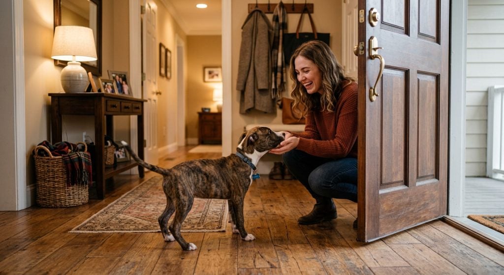 Friendly puppy greeting a visitor at the front door of a home while the owner smiles, demonstrating positive puppy socialisation with new people.