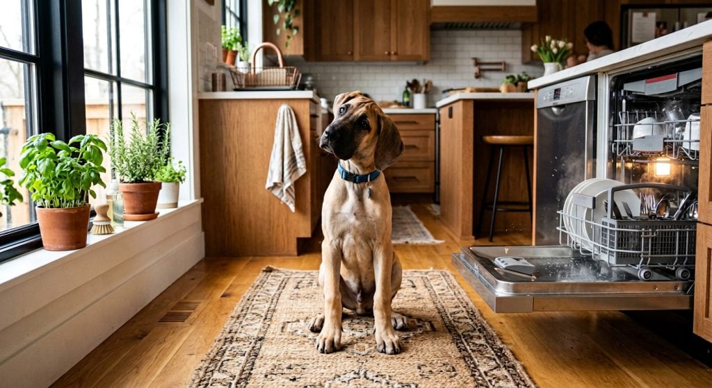 Curious puppy sitting in a kitchen watching a running dishwasher and listening to household sounds as part of early socialisation.