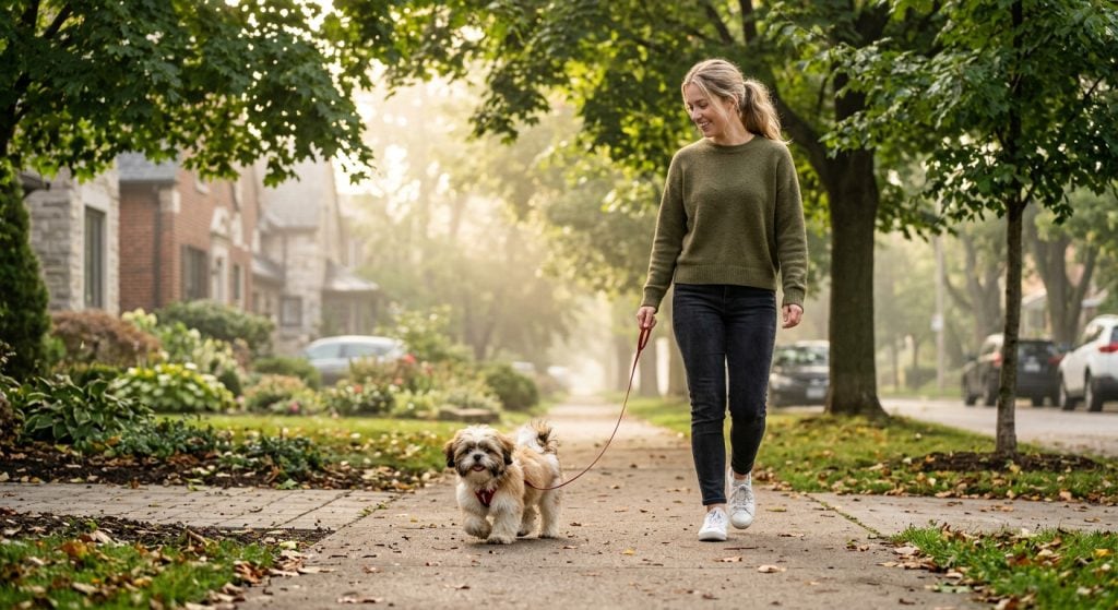 Small puppy walking confidently beside its owner along a quiet residential sidewalk during a socialisation walk.