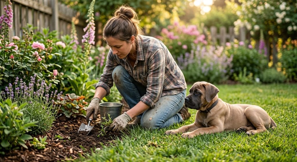 Puppy resting beside its owner while they work in a colorful backyard garden, showing early bonding and trust.