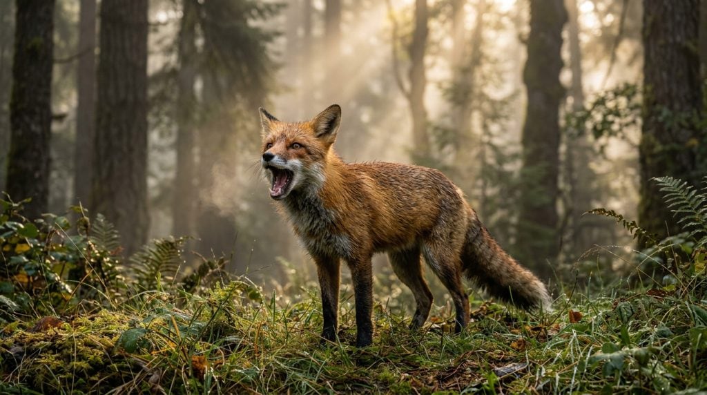 Red fox standing in a misty forest clearing with mouth open mid vocalisation, demonstrating natural communication behaviour in wild canids.