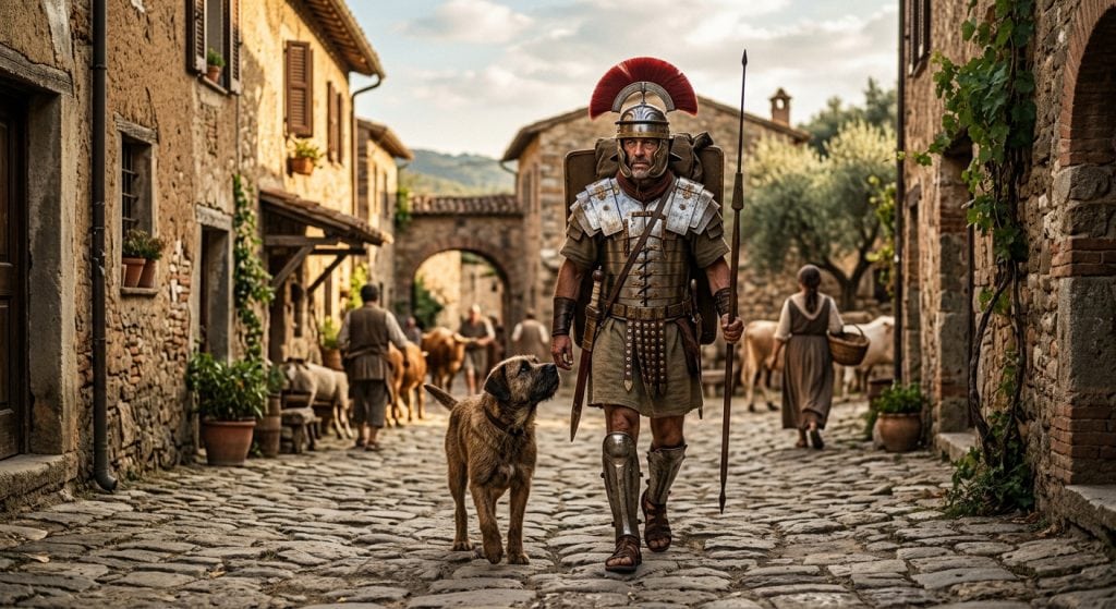 Roman soldier in armor walking along a cobblestone street with a loyal dog beside him in an ancient village.