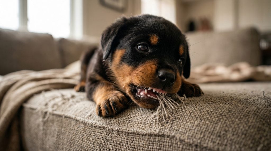 Rottweiler puppy chewing the corner of a sofa while teething during early puppy development.