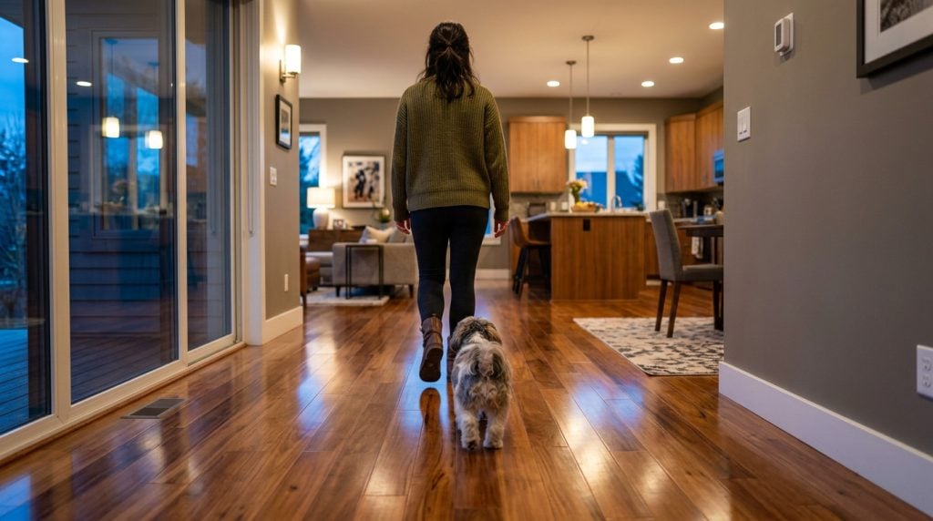 Small Shih Tzu walking closely behind its owner across a modern home interior with wooden floors.