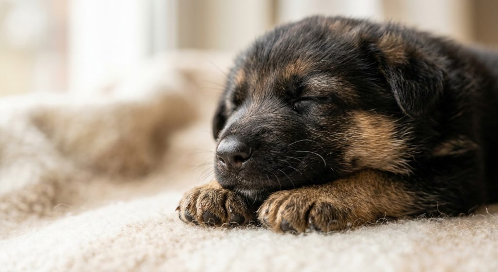 Close-up of a sleeping german shepherd puppy resting its head on its paws.