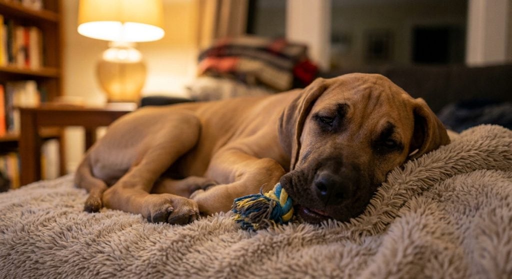Sleepy young puppy lying on a soft blanket gently chewing a rope toy in a cozy living room, showing how puppies sometimes mouth objects when tired or overstimulated.