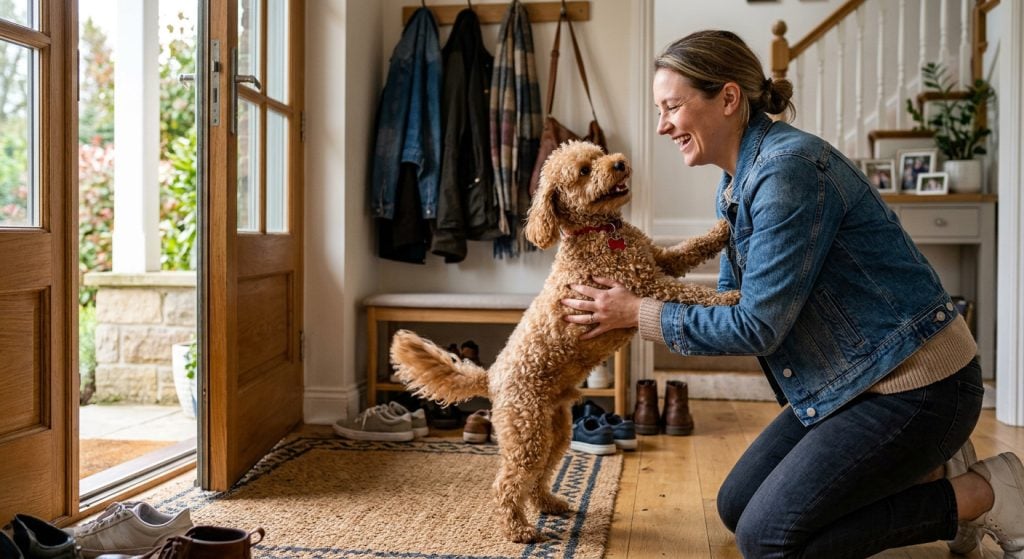 Small curly-haired dog standing on its hind legs and placing its paws on its owner's arms while greeting her excitedly inside a home entryway.