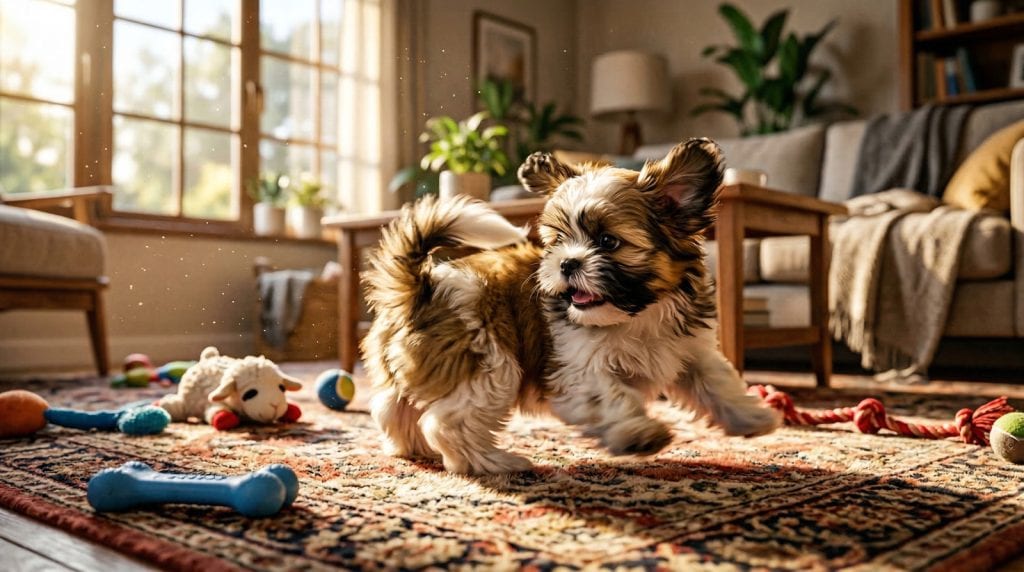 Playful small puppy spinning and bouncing around a living room rug surrounded by dog toys during zoomies.