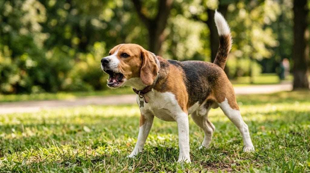 Beagle standing stiffly in a park barking with a tense posture and focused stare.