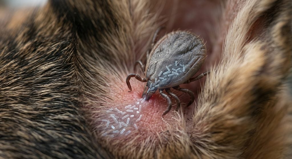 Close-up of a tick feeding on a dog’s skin with illustrated bacteria transmission, showing how infections can pass during attachment.