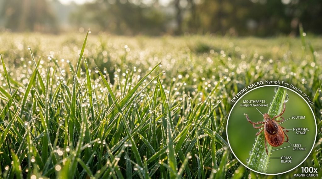 Dew-covered grass with a magnified inset showing a tick on a blade of grass, illustrating how ticks wait to attach to passing animals.