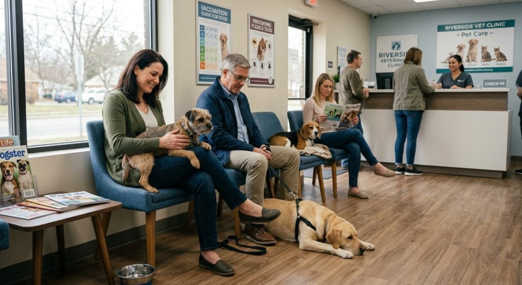 Dog owners waiting with their dogs in a calm veterinary clinic waiting room.