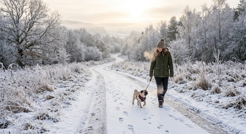 Woman walking a pug along a snowy countryside path on a frosty winter morning with visible breath in the cold air.