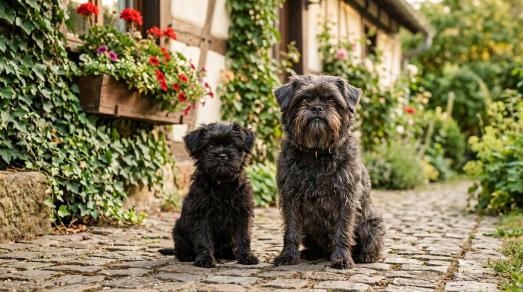 Adult Affenpinscher and Affenpinscher puppy sitting together on a cobblestone path in front of a charming German cottage with ivy-covered walls and colorful flower boxes. The small black wiry-coated dogs have scruffy beards, short muzzles, and alert monkey-like expressions, with the puppy on the left and the adult on the right in warm natural daylight.