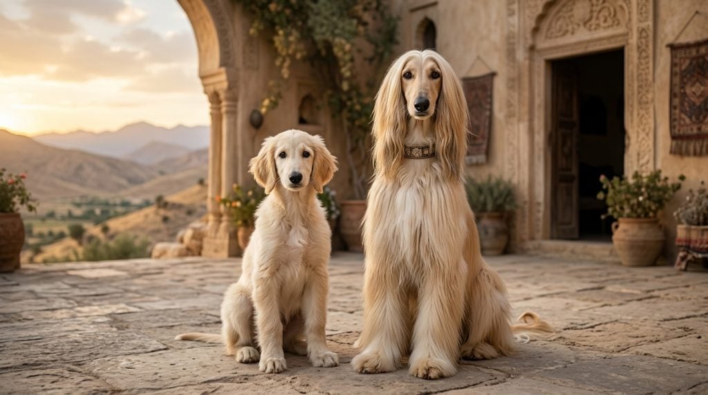 Adult Afghan Hound and Afghan Hound puppy sitting together in a traditional Afghan stone courtyard with mountain scenery in the background. The adult dog has a long flowing cream silky coat, elegant narrow face, and regal posture, while the fluffy cream-colored puppy sits beside it on the left. Warm golden light highlights the luxurious fur and refined breed features.